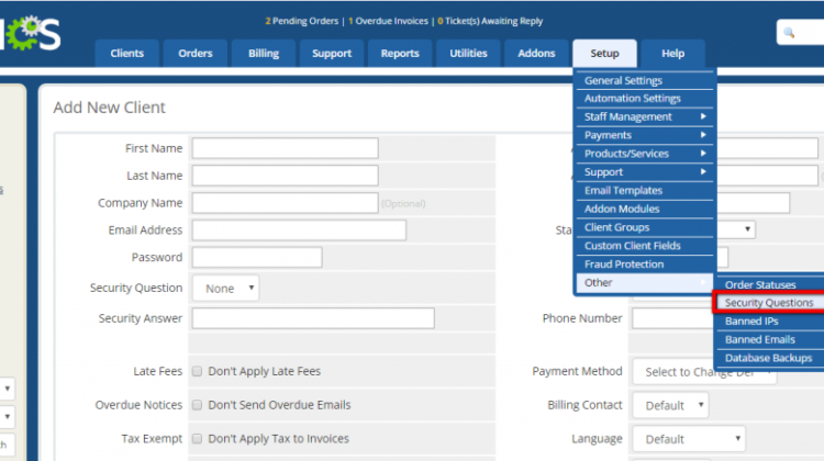 Security Questions in WHMCS